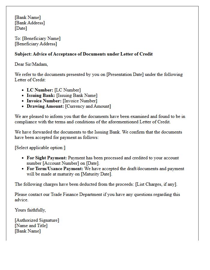 Letter of Advice of Acceptance of Letter of Credit Documents