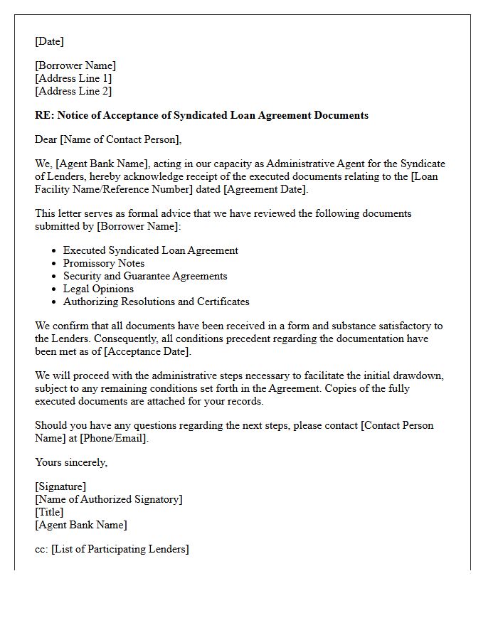 Letter of Advice of Acceptance of Syndicated Loan Agreement Documents
