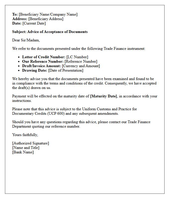 Letter of Advice of Acceptance of Trade Finance Documents