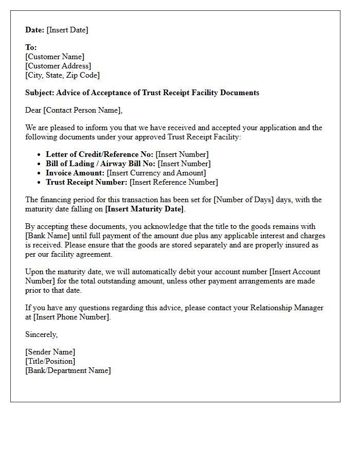 Letter of Advice of Acceptance of Trust Receipt Facility Documents