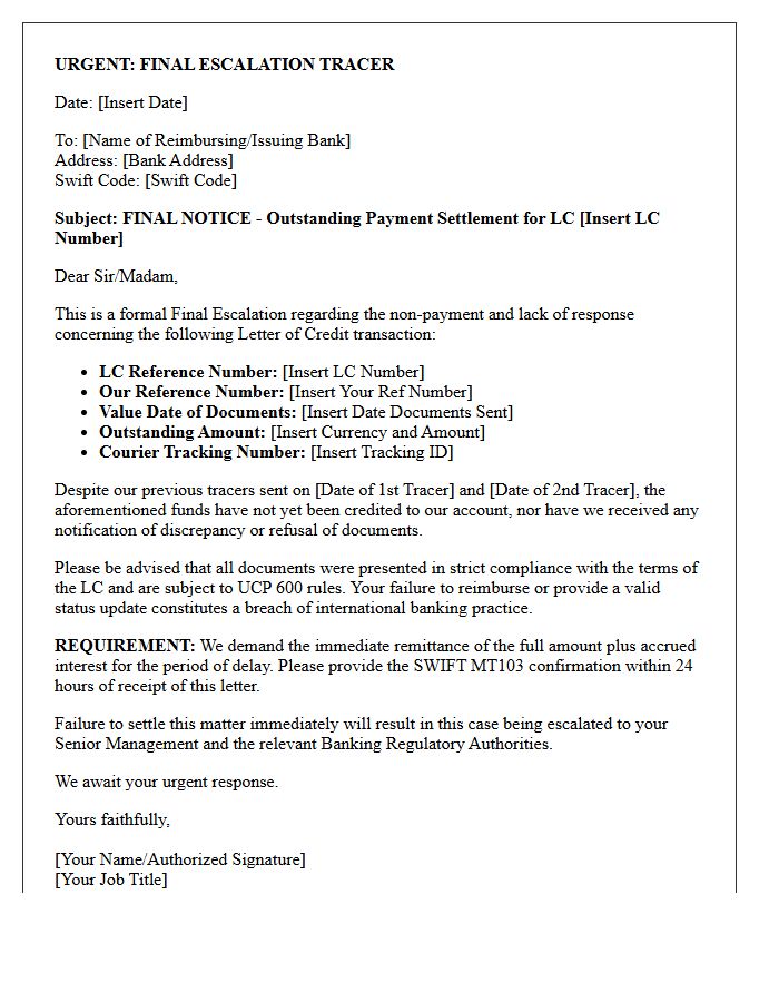Final Escalation Tracer Letter for Letter of Credit Settlement