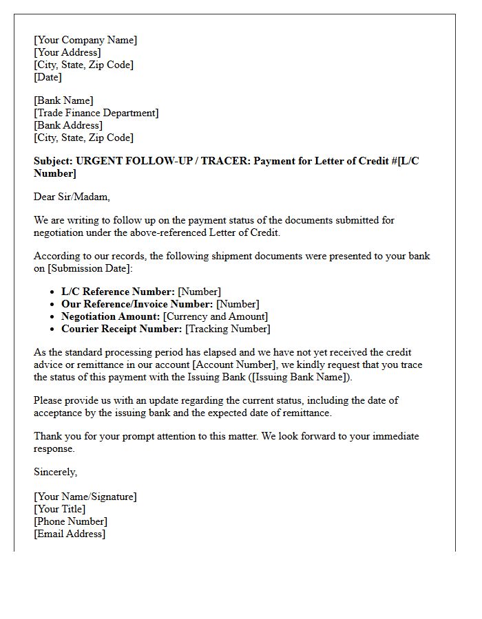 Follow-Up Tracer Letter for Letter of Credit Negotiation Payment