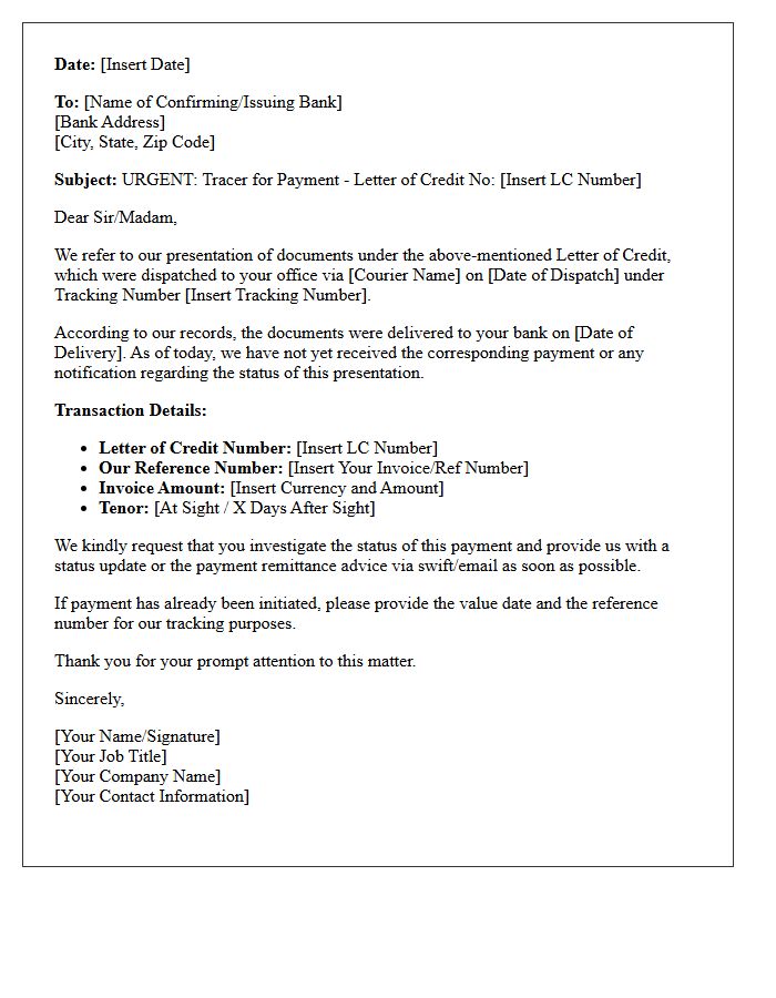 Initial Tracer Letter for Payment Under Letter of Credit