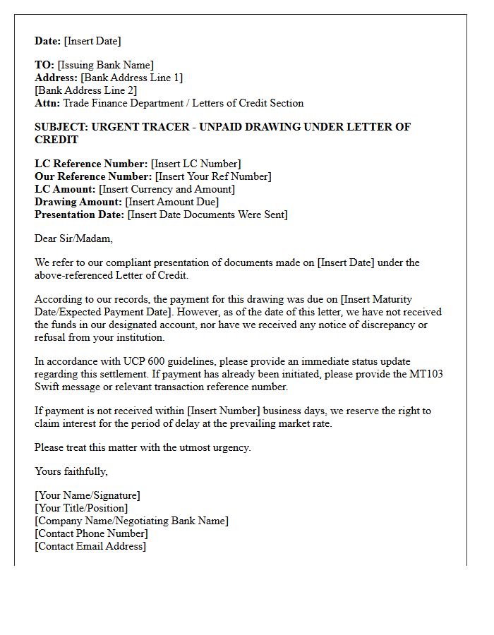 Official Tracer Letter for Defaulted Letter of Credit Payment