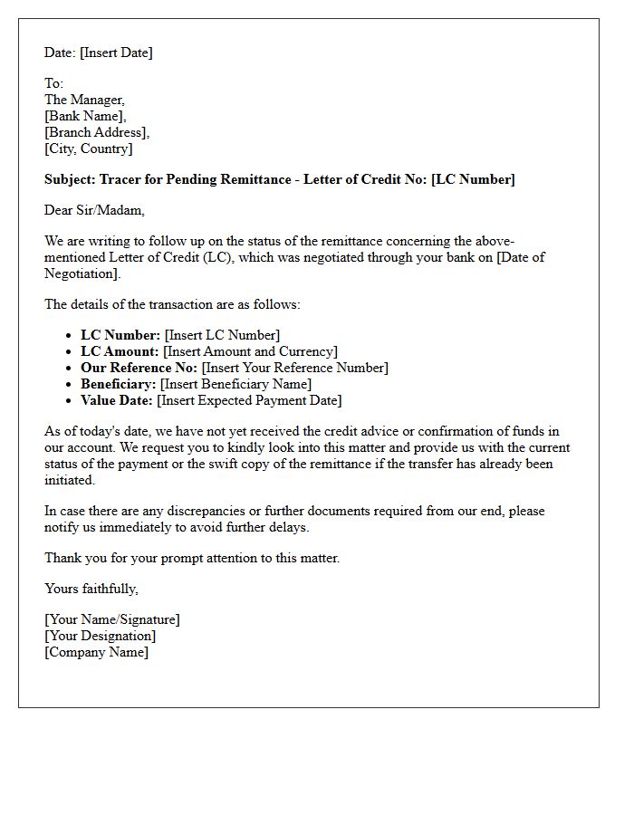 Routine Tracer Letter for Pending Letter of Credit Remittance