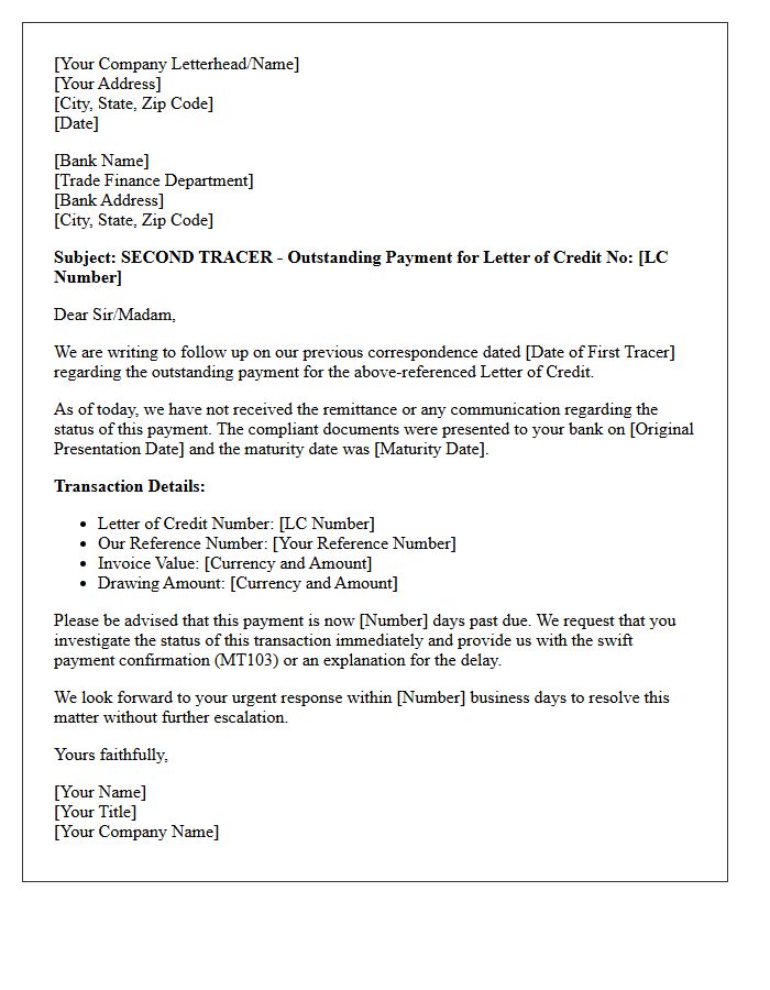 Second Tracer Letter for Outstanding Letter of Credit Payment