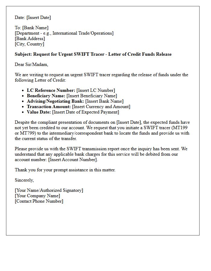 Swift Message Tracer Letter for Letter of Credit Funds Release