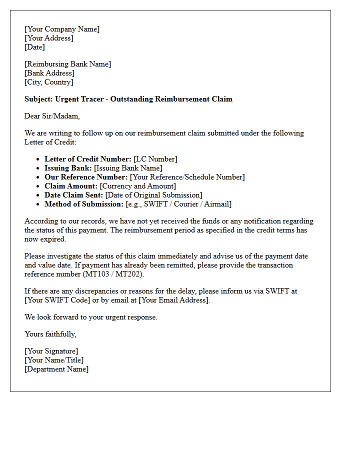 Tracer Letter for Reimbursement Claim Under Letter of Credit