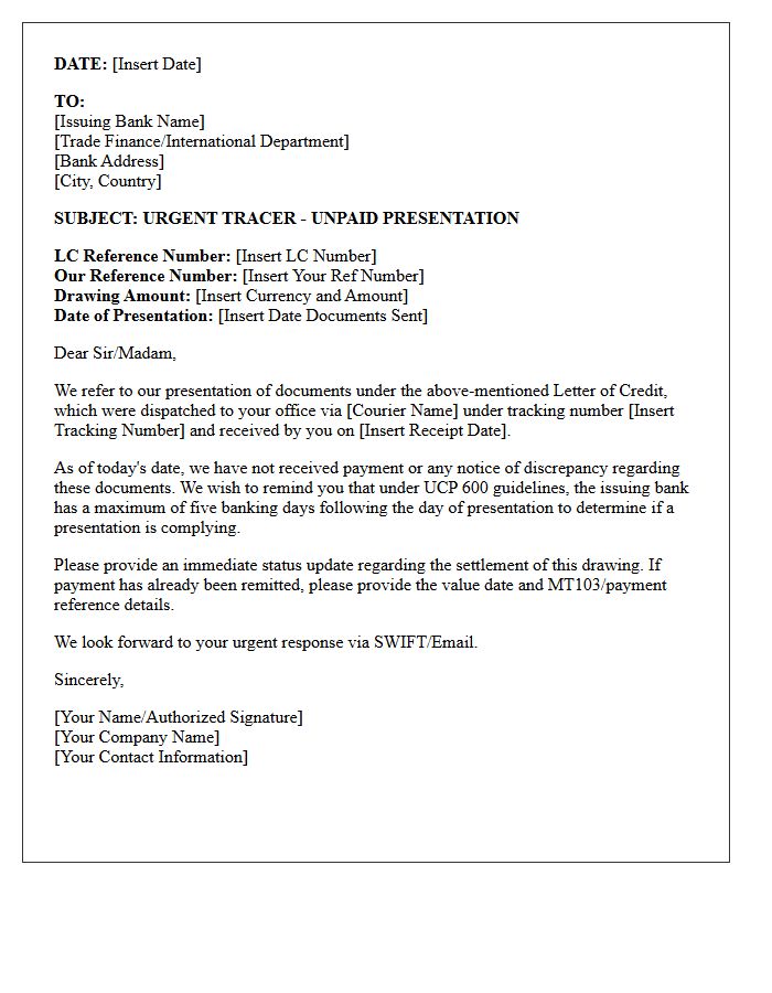 Tracer Letter for Unpaid Letter of Credit Document Presentation