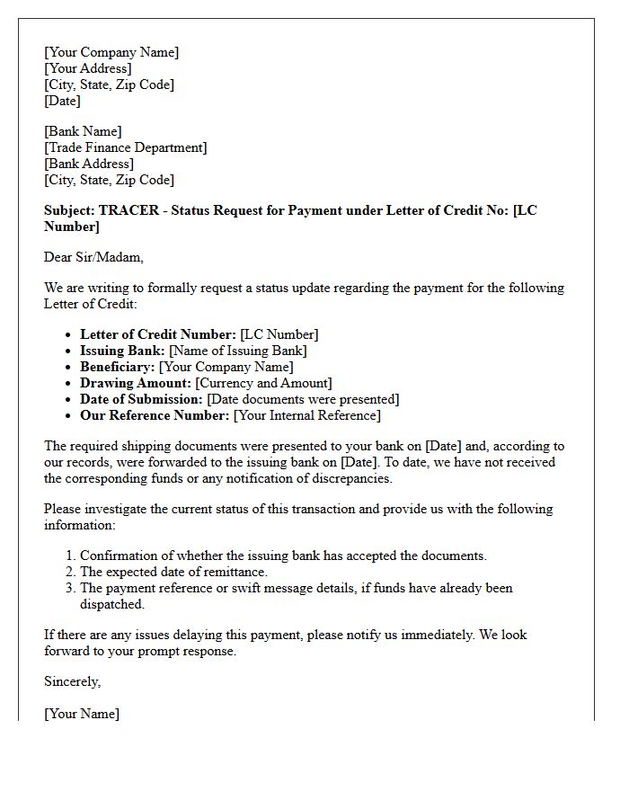 Tracer Letter Requesting Status of Letter of Credit Payment