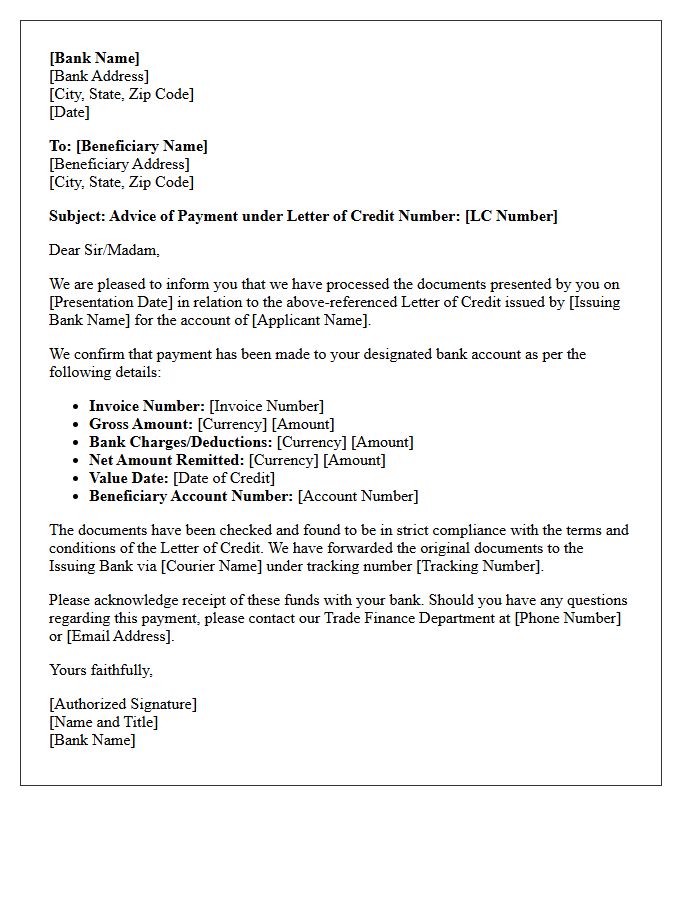 Advising Bank Letter of Payment Under Letter of Credit