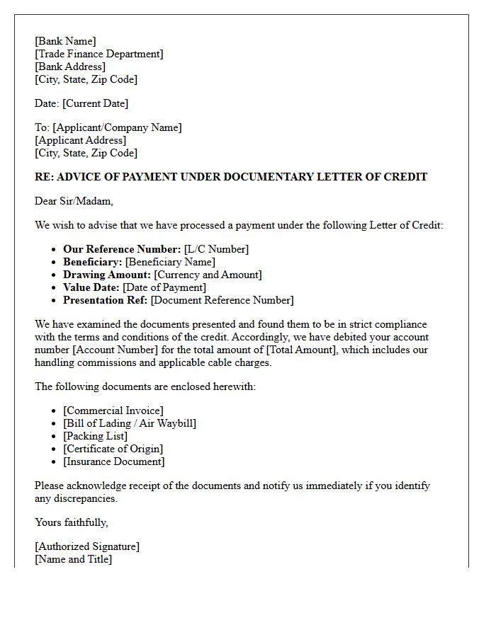 Applicant Advice Letter of Payment Under Documentary Letter of Credit