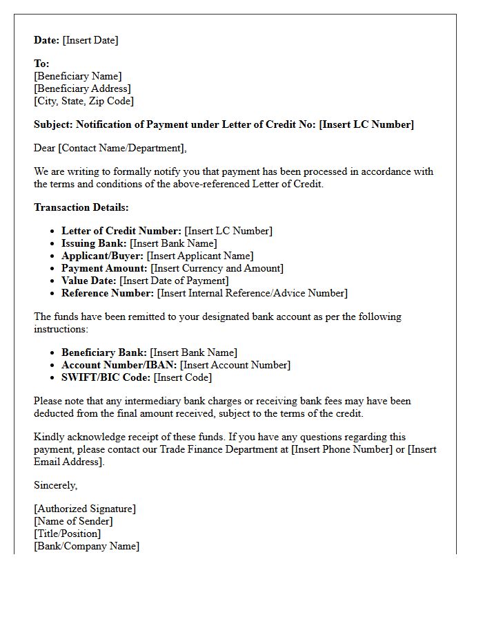 Beneficiary Notification Letter for Payment Under Letter of Credit
