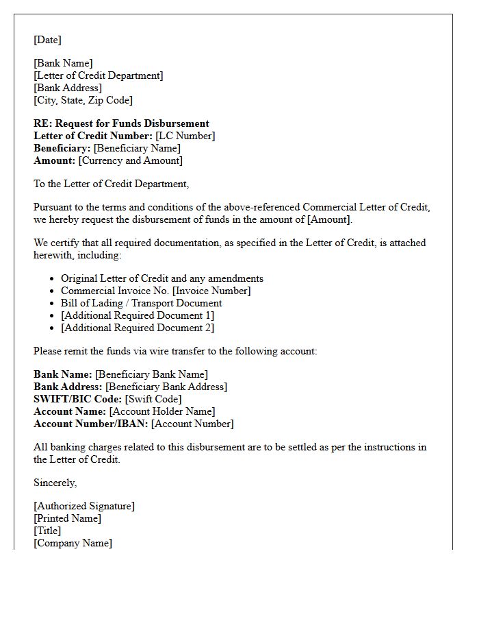 Commercial Letter of Credit Funds Disbursement Letter