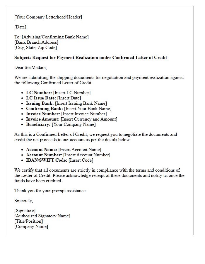 Confirmed Letter of Credit Payment Realization Letter