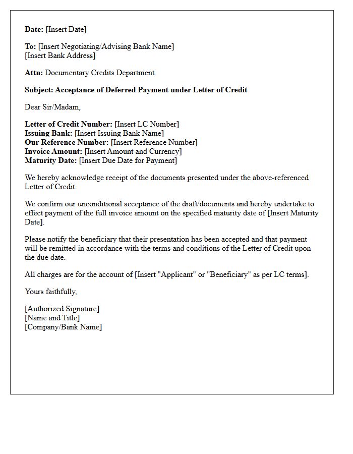 Deferred Payment Acceptance Under Letter of Credit Letter