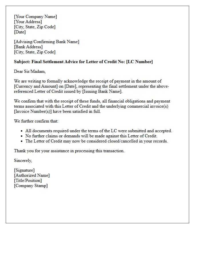 Final Settlement Letter for Payment Under Letter of Credit