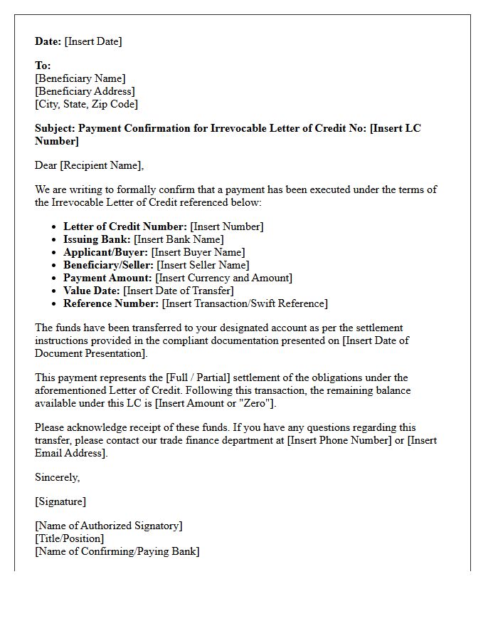 Irrevocable Letter of Credit Payment Confirmation Letter