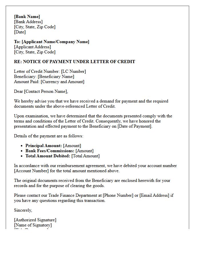 Issuing Bank Letter Regarding Notice of Payment Under Letter of Credit