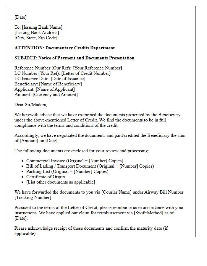 Negotiating Bank Notice of Payment Under Letter of Credit Letter