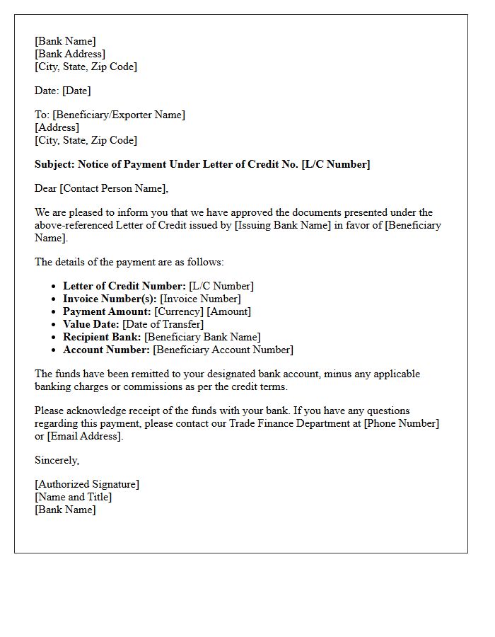 Notice of Payment Under Letter of Credit Approval Letter