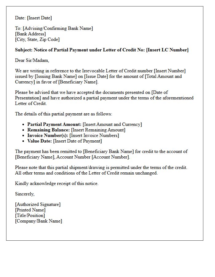 Partial Payment Notice Under Letter of Credit Letter