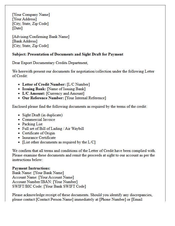 Sight Draft Payment Notice Under Letter of Credit Letter