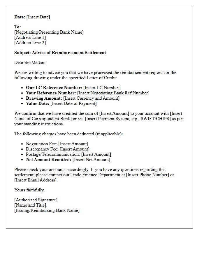 Letter Of Advice Of Reimbursement Settlement Under Letter Of Credit