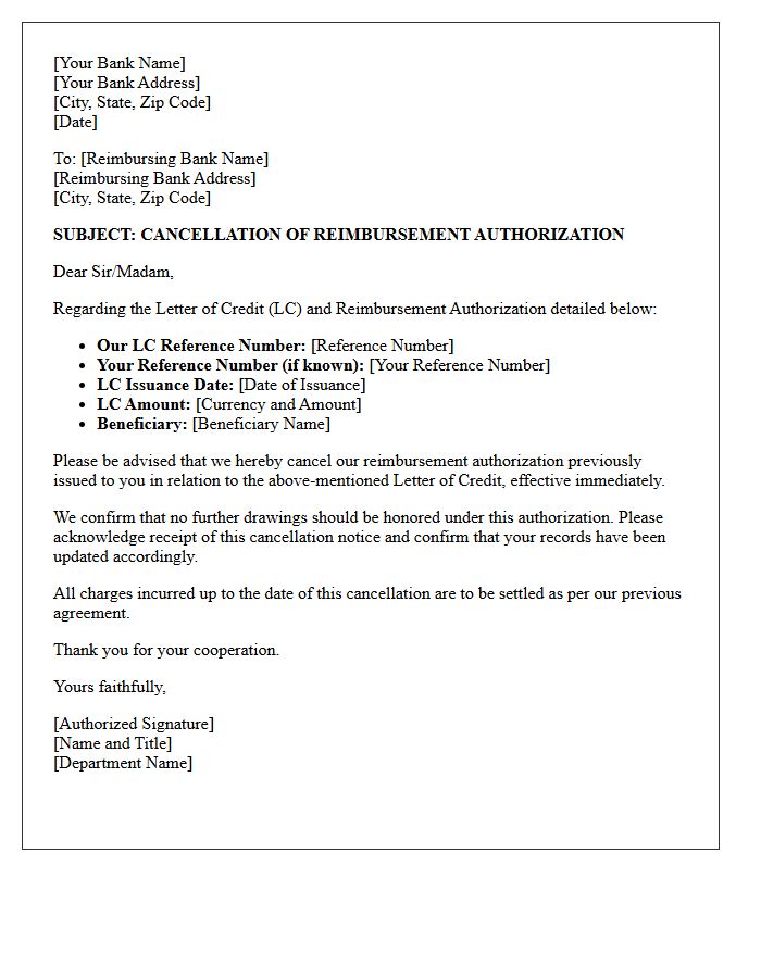 Letter Of Cancellation Of Reimbursement Authorization Under Letter Of Credit