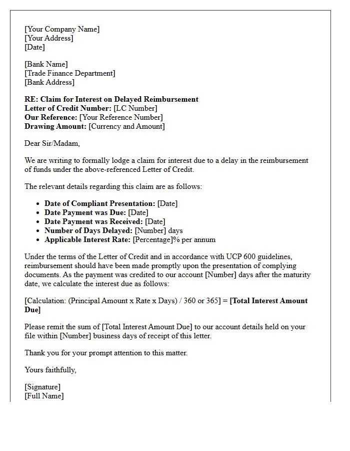 Letter Of Claim For Interest On Delayed Reimbursement Under Letter Of Credit