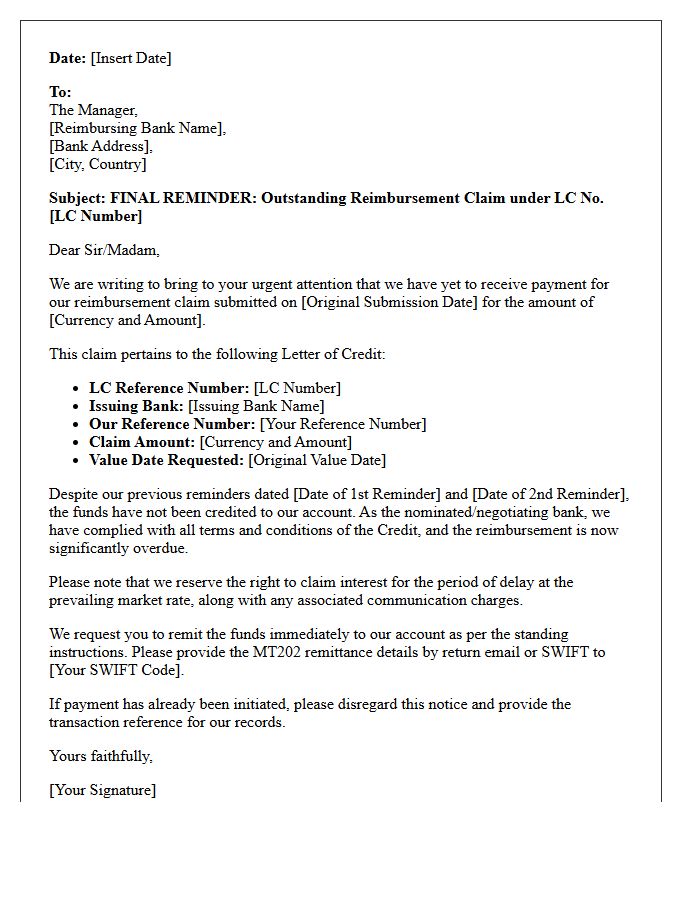 Letter Of Final Reminder For Pending Reimbursement Under Letter Of Credit