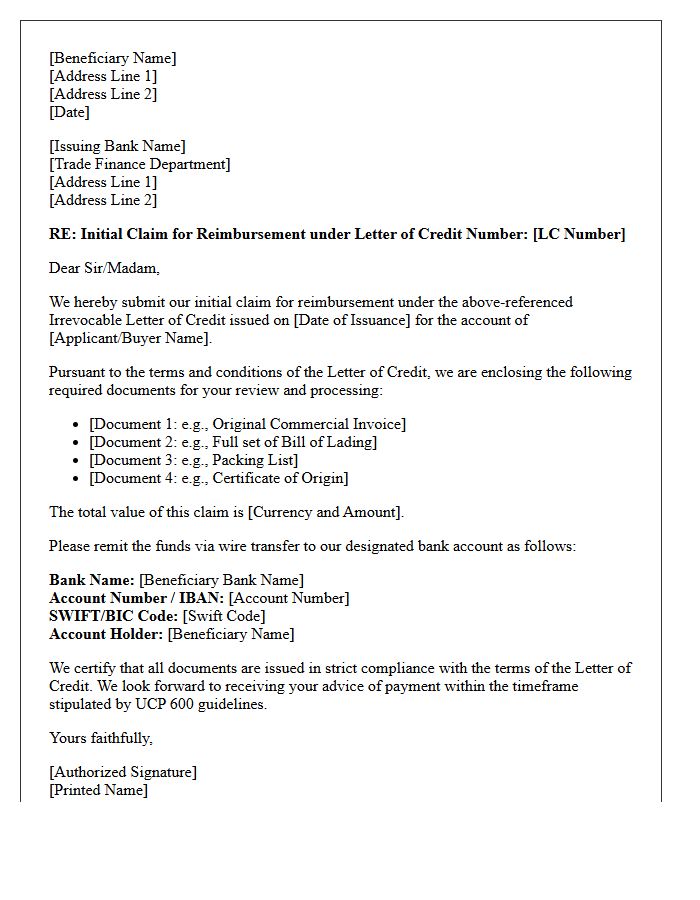 Letter Of Initial Claim For Reimbursement Under Letter Of Credit