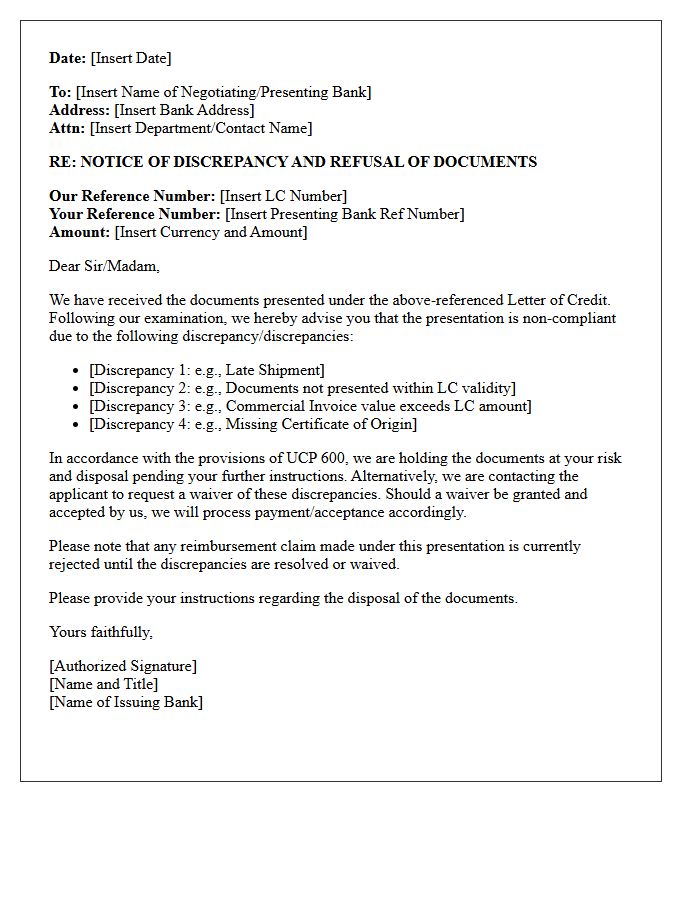 Letter Of Notice Of Discrepancy In Reimbursement Claim Under Letter Of Credit