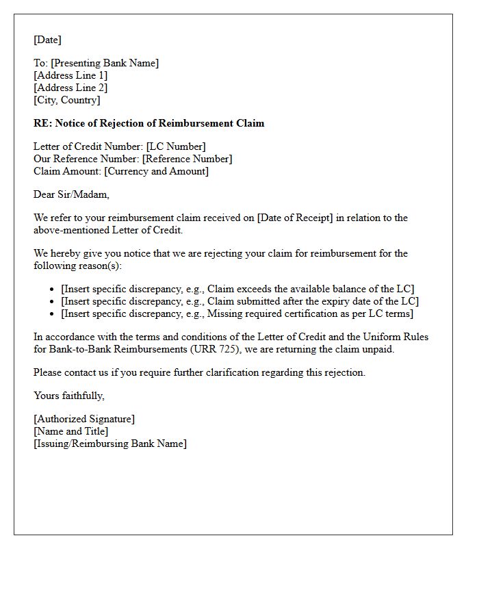 Letter Of Rejection For Reimbursement Claim Under Letter Of Credit