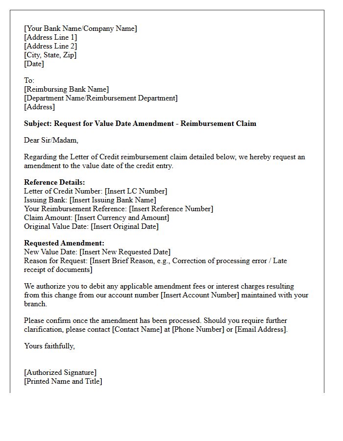 Letter Of Request For Value Date Amendment In Reimbursement Under Letter Of Credit
