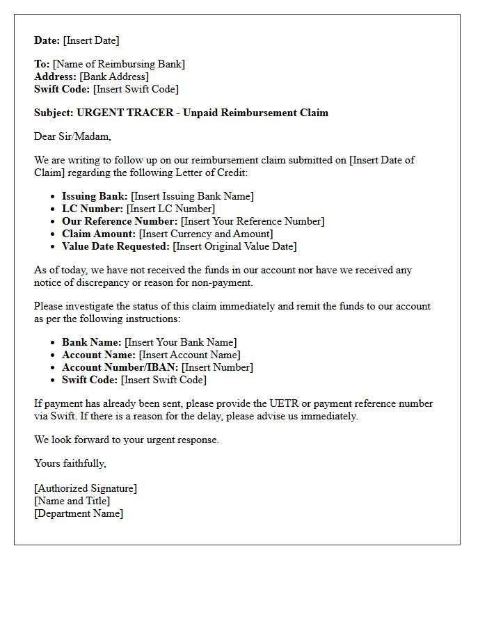 Letter Of Tracer For Unpaid Reimbursement Claim Under Letter Of Credit