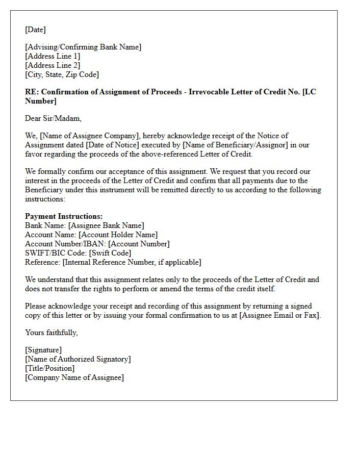 Assignee Confirmation Letter for Notice of Letter of Credit Proceeds Assignment