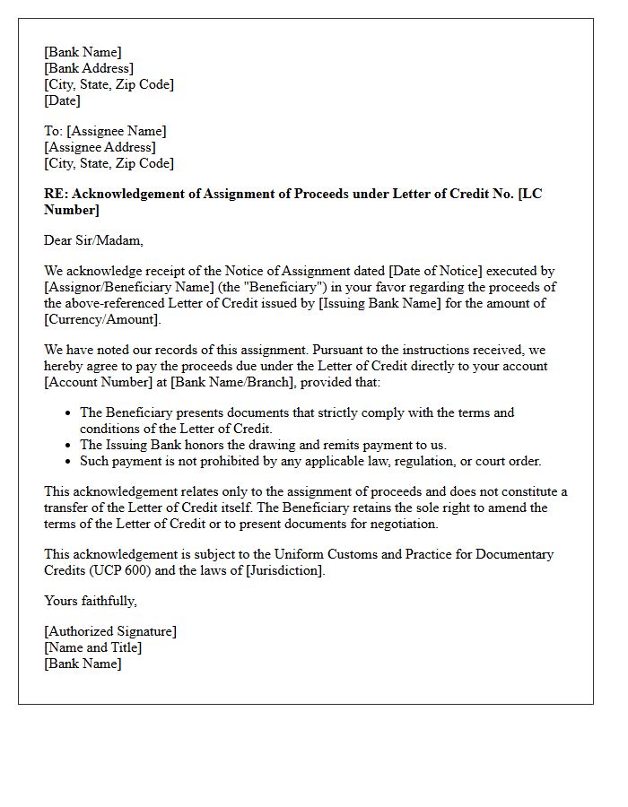 Bank Acknowledgement Letter for Assignment of Letter of Credit Proceeds