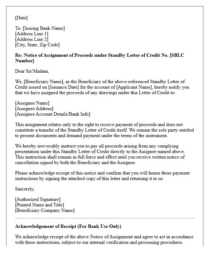 Beneficiary Notice of Assignment of Standby Letter of Credit Proceeds Letter