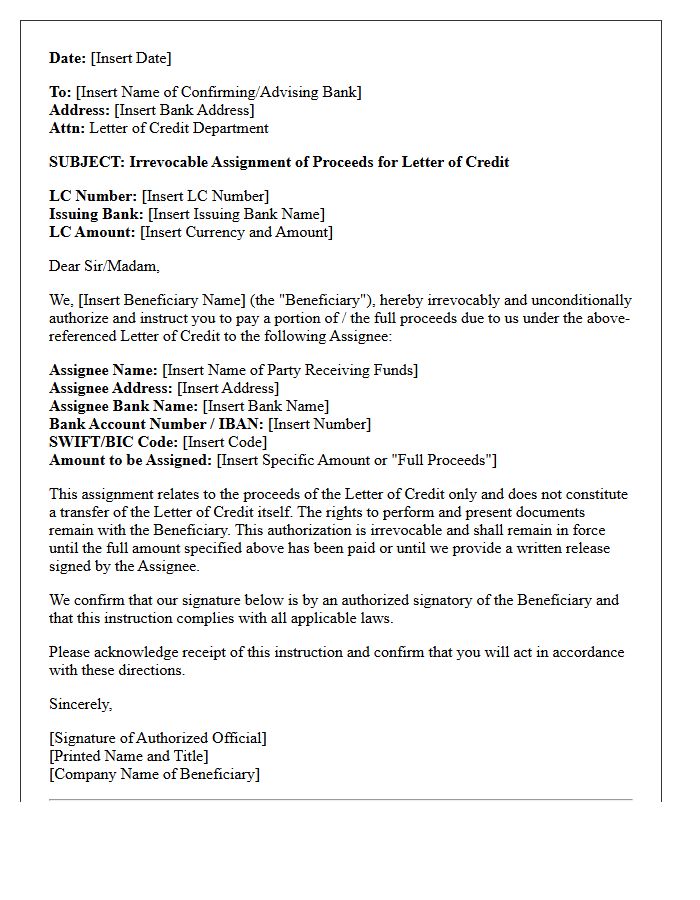 Confirmed Letter of Credit Proceeds Assignment Authorization Letter