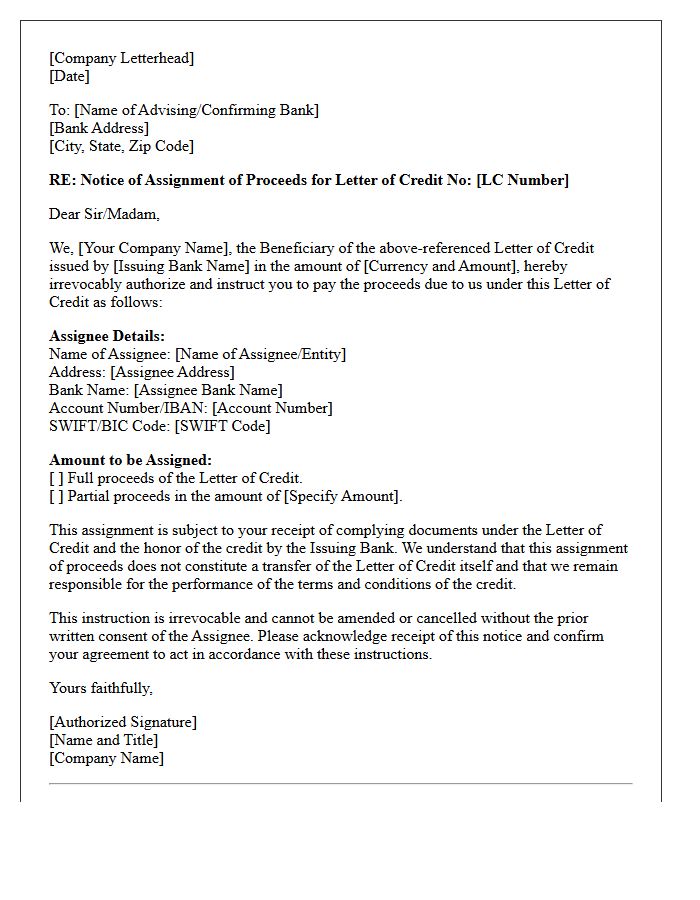 Corporate Notice of Assignment of Export Letter of Credit Proceeds Letter