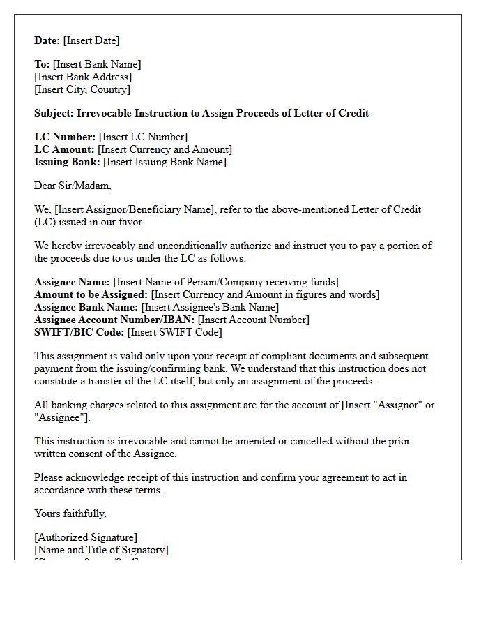 Documentary Letter of Credit Proceeds Assignment Instruction Letter