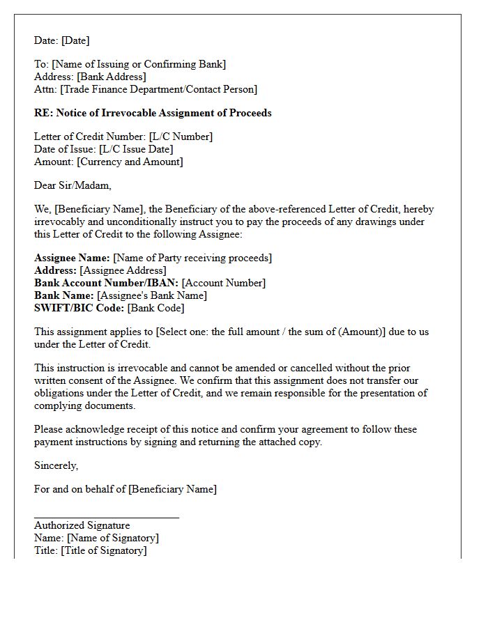 Irrevocable Letter of Credit Proceeds Assignment Notice Letter