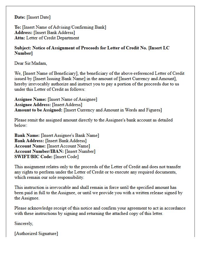 Notice of Assignment of Letter of Credit Proceeds Letter