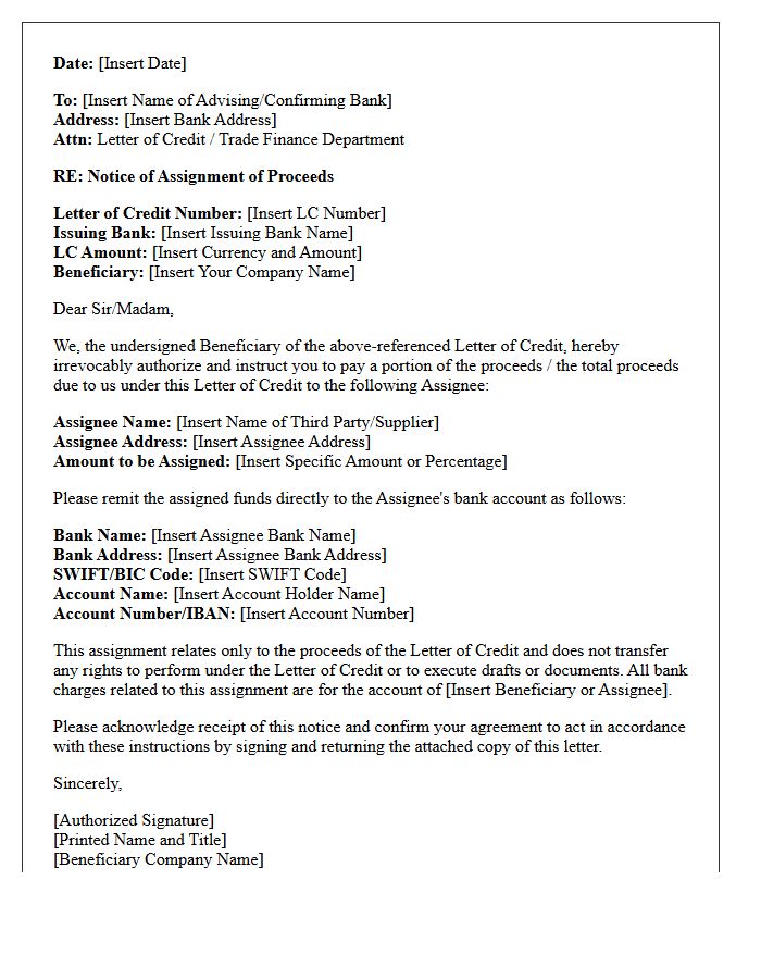 Official Letter of Notice Regarding Assignment of Letter of Credit Proceeds