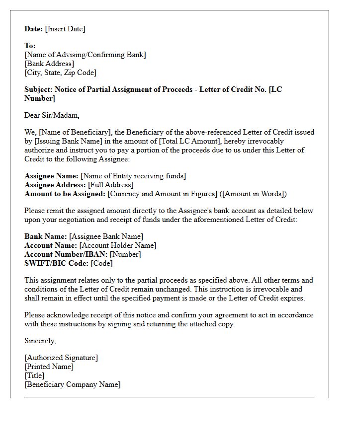Partial Assignment of Letter of Credit Proceeds Notice Letter