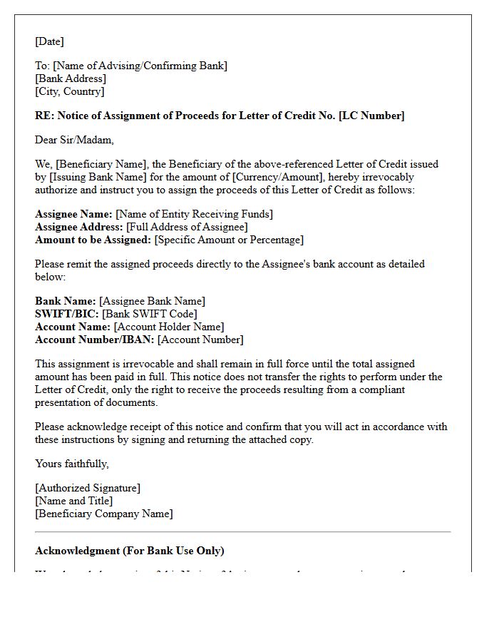 Trade Finance Letter for Notice of Assignment of Letter of Credit Proceeds