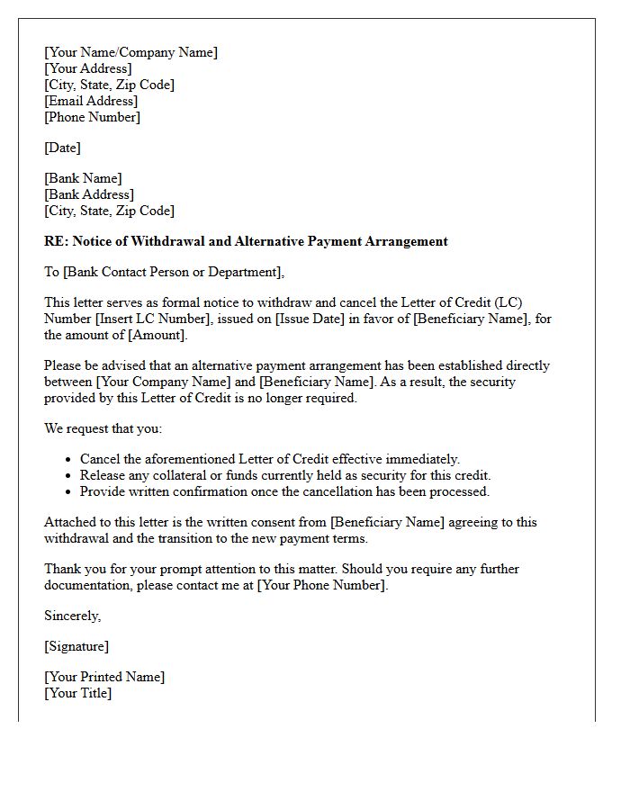 Alternative Payment Arrangement Letter of Credit Withdrawal Letter