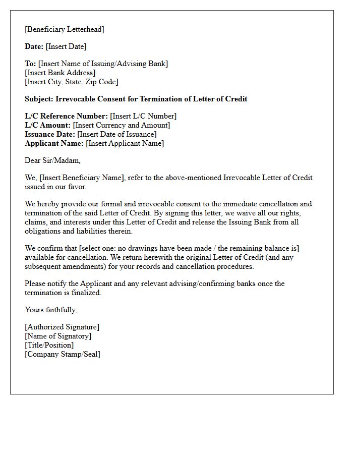 Beneficiary Consent Letter for Letter of Credit Termination