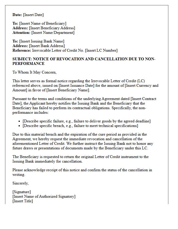 Beneficiary Non-Performance Letter of Credit Revocation Letter